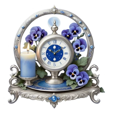 An enchanting, mystical setting where blue pansies, tinged with streaks of light blue, bloom beneath a radiant silver crescent moon. A pearl-colored candle stands on an ornate silver plate, its wax melting into swirling patterns resembling planetary orbits. The background features an astrological clock, its delicate hands tracing cosmic cycles as faint zodiac constellations shimmer against a twilight sky. Floating celestial charts inscribed with ancient symbols weave through the air, illuminated by the soft blue glow of distant stars. A mystical aura surrounds the scene, as if whispering secrets of destiny and the universe’s grand design. sticker