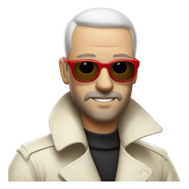 <excerpt>
A 1930s white man with real buzz cut Black hair, beard stubble donning small red tinted sun glasses in a dirty white trench coat, is serious.
</excerpt> sticker