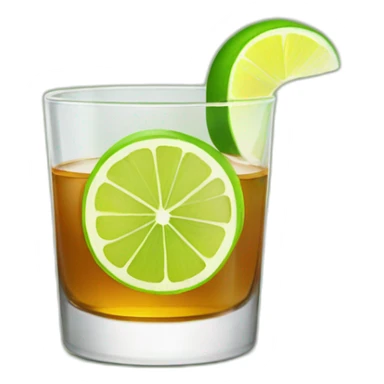 A single whiskey shot with a single slice of green lemon piece on it sticker