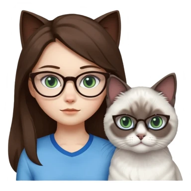 O fata cu parul saten lung ,ochii gri-albastrii ,ochelari și codițe de pisica ..și langa o pisicuță total  alba pufoasa ,cu ochii verzi și o a doua pisica siameza pufoasa cu capul maro inchis-negru și coada ,restul corpului un maro deschis spre alb  cu ochii albaștrii. sticker