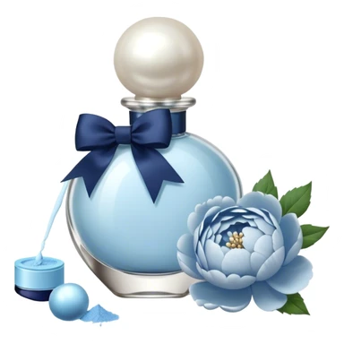 pearl blue vintage style perfume bottle and navy colored peonies and a powder blue bow sticker