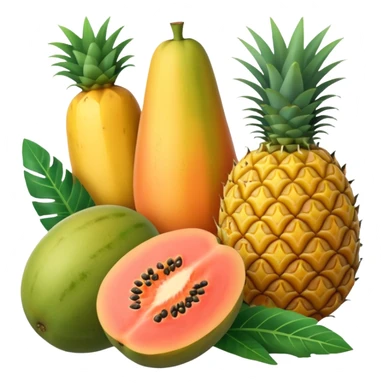 Fresh tropical fruits flatlay (papaya, mango, pineapple) with pastel tones. sticker