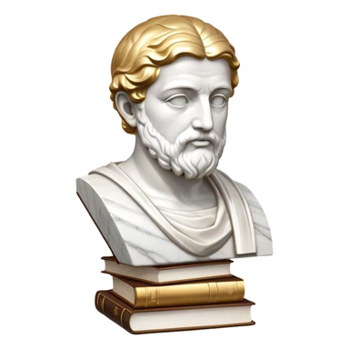 An icon featuring a classical bust, a book of philosophy, symbolizing the study of philosophy. The design includes an abstract symbol of thought and reasoning, representing deep intellectual inquiry and exploration of ideas. Transparent background sticker