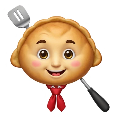 emoji style, happy fried empanada with face, big sparkling eyes, blushing cheeks, two buck teeth, red necktie, holding spatula, thick black outline, golden brown color, very cute and wholesome, transparent background sticker