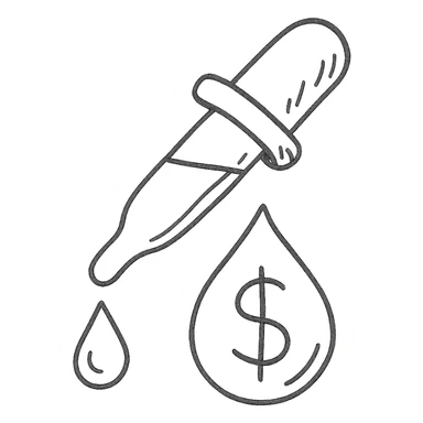 hand-drawn outlined pipette with a golden drop, dollar sign inside the drop sticker