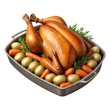 roasted turkey in a baking tray, golden brown crispy skin, whole turkey surrounded by vegetables, oven-baked meal presentation, juicy texture, warm food lighting, 3D cartoon style, mobile game icon style, centered composition, clean background, no text, no watermark
 sticker