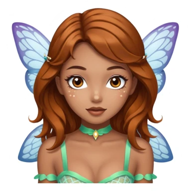 Pretty girl with caramel skin brown hair brown eyes and freckles. Wearing sexy makeup. Wearing a fairy costume with white fishnet tights and heels sticker