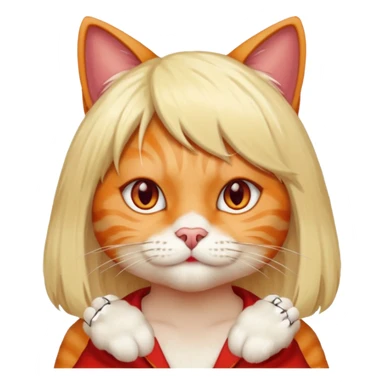 A cat with a wig on and red human nails sticker