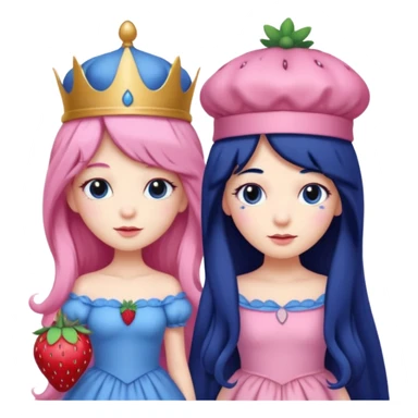 pale blueberry prince with long black hair blueberry hat and clothes next to pale strawberry princess with strawberry hat eyelashes long pink hair and strawberry dress sticker