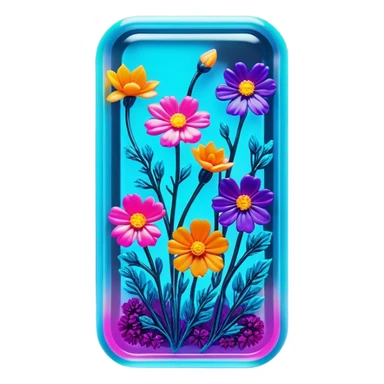 Epoxy resin art icon, jewelry and decorative items made with fluorescent epoxy resin, glowing effect on the resin, finished resin jewelry with dried flowers embedded inside, visible tubes of resin with bright colors, mixing tools, and molds, minimalistic style, clean lines, transparent background sticker