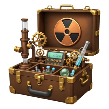 toolbox science, chemicals, mechanical gears, steampunk, electronics, resistors, ic, physics, microscope, nuclear model, radioactivity sticker