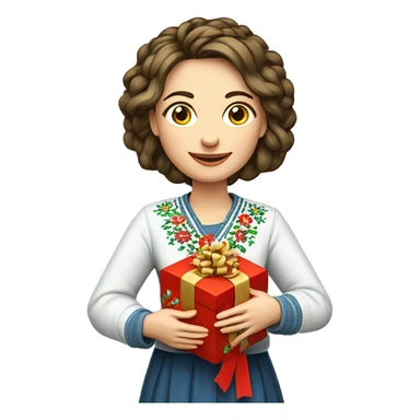 A female teacher in Ukrainian embroidery holds a gift in her hand sticker