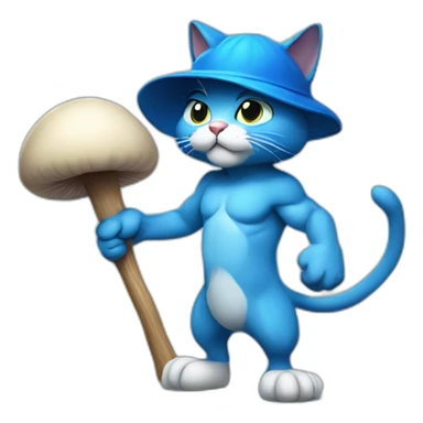 Strong muscles Blue cat NO ears wearing a mushroom cap carrying a stick in one arm standing on two legs sticker
