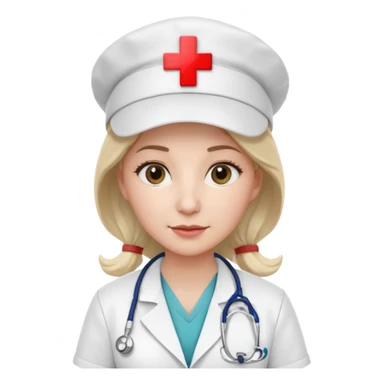 female doctor with white uniform and white hat with hospital logo on hat sticker