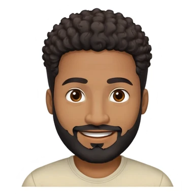 Caribbean man in his early 40s with medium brown complexion. Round friendly face. Energetic expression with wide smile. Cheerful dark eyes. Thick eyebrows. Wide nose. Well-groomed full black beard. Short curly black hair with faded sides. Wearing a cream colored casual shirt. sticker