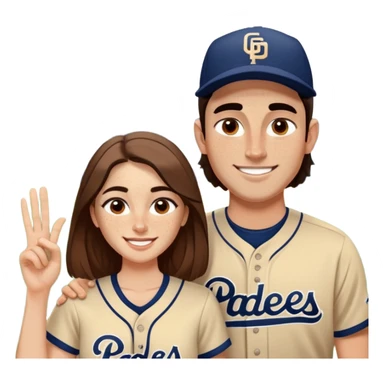 *White* Smiling couple. Woman has big cheeks and a lot of freckles on the nose. long brown hair. Man has black and very short hair and prominent eyebrows with egipcian nose. Both are wearing “Los Padres” baseball jerseys and with a sign that says “Go Padres!” sticker