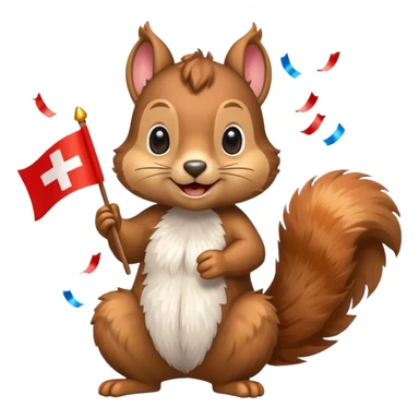 happy squirrel with a Swiss flag and colorful confetti, emoji style sticker