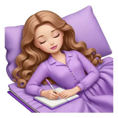 White Barbie girl Chestnut long wavy hair sleeping with In lavender clothes, he writes in a notebook sticker