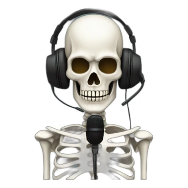 Skeleton mask with a long black mask underneath it and headset with a microphone sticker