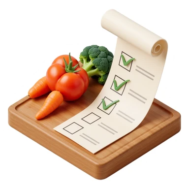 carrot tomato brocoli on the wooden cutting board with floating rolled paper list with checkbox sticker