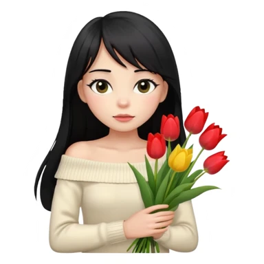 a girl with long black hair, thin bangs, black eyes, wearing a cream off-shoulder sweater, holding a bouquet of tulips, emoji style, looking shy sticker