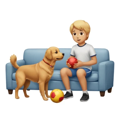 kid and dog playing with ball, living room background sticker