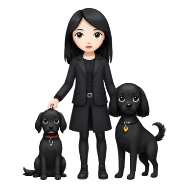A girl with long black hair wearing black clothes holding a black dog in one hand sticker
