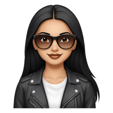 beautiful fit woman, with long straight black hair, with make up, black eye liner, smile mooth close, mexican, brown skin, wearing white tee, wearing leather black jacket, solar black wayfarer rayban sticker