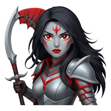 f a warrior woman with silver-gray skin, red eyes, long black hair with a red streak, wearing dark Amazonian armor, holding a scythe, with red energy crackling around her.” sticker