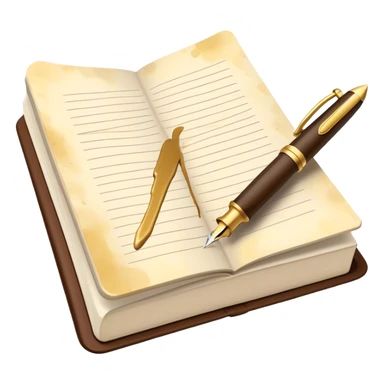 Create a vibrant emoji representing prose writing. The design should include a classic fountain pen or quill, an open notebook or a typewriter, with flowing text emerging from it. Use warm, earthy tones like brown, gold, and cream, along with subtle ink splatters to add a creative and artistic touch. The emoji should convey the idea of storytelling, creativity, and literary elegance. Make the background transparent. sticker