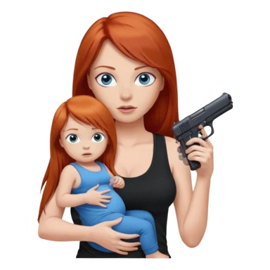 A red head with long straight hair, she has blue eyes with big boobs. She’s wearing a black tank top and holding a gun up in one hand and a baby boy with blue eyes sucking on one of her boobs in the other arm sticker