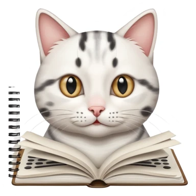 gatita feliz blanca con manchas negras atigradas viendo una libreta anillada  sticker