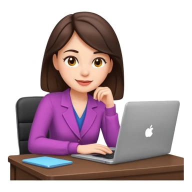 Brunette woman working in an office, wearing cute stylish clothes, sitting at a desk with a laptop, emoji style, cheerful expression sticker
