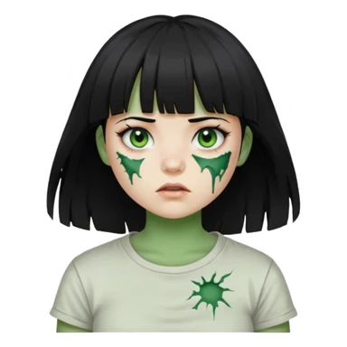 Garota de cabelo preto com franja com a pele verde e ferimentos expostos na cara, usa uma camiseta branca rasgada e suja de poeira  sticker