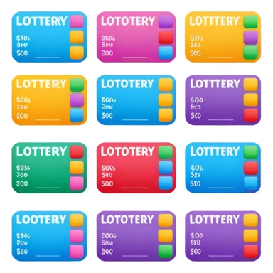 Create blank lottery coupons fanned out, clean and colorful, with different header colors and simple grid sections. No numbers, no text sticker