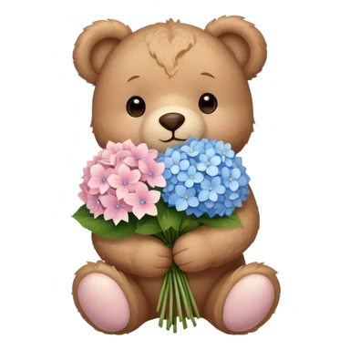 light brown teddy bear super cute holding a light pink and light blue bouquet of hydrangeas sticker