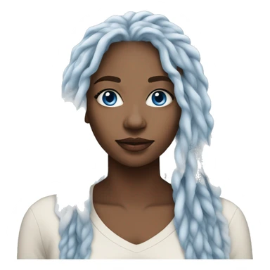 an ebony woman, 30 years old, white dreadlocks, beautify lady, wearing some cheap loose outfit, she has stunning blue eyes sticker