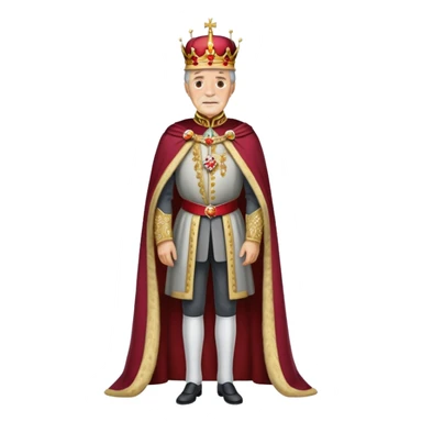 Full body of elderly, thin Carlos I of Spain with brown hair, Habsburg king standing in royal attire with crown, cape, and prominent jaw sticker