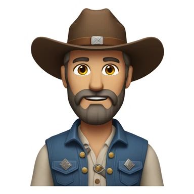 a rugged cowboy with a thick beard, wearing a blue vest over a classic western shirt and a brown belt with a silver buckle. He should have a confident stance, exuding a strong and adventurous frontier spirit. sticker
