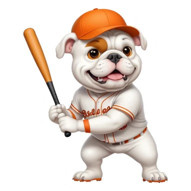 WHITE Bulldog playing baseball, orange sticker