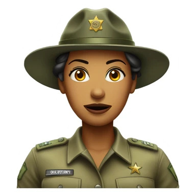 a female drill sergeant character wearing a classic sergeant hat and a camouflage army shirt. The character should have an angry intense expression. full torso sticker