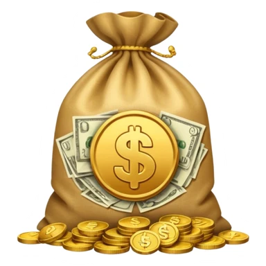 sack of money with a play icon printed on it, coins stacked beside sticker