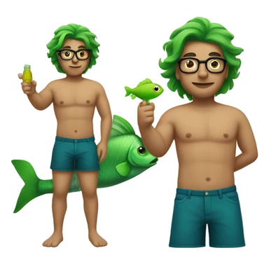 Shirtless man with bottom half of body a green fish tail. He is wearing glasses sticker