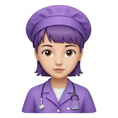 A young female slim nurse with short Brown hair with fringe over her forehead, wearing larvendar purple working cloth sticker