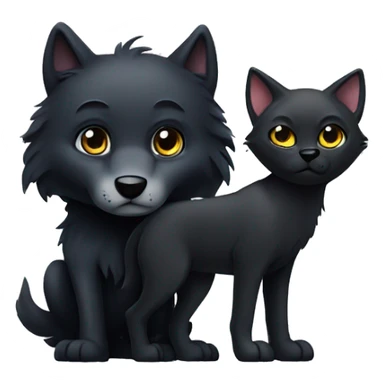 black wolf with a black cat, both silver eyes, cudding sticker