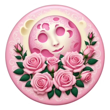 A round pink button with a light cream full damask moon and pink roses in the center sticker
