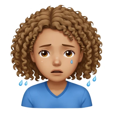 white young curly hair girl, brown hair, with a blue shirt, in despair crying sticker