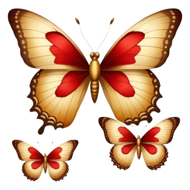 Elegant vintage golden butterflies with red and brown hues on their wings, delicate textures, antique aesthetic, softly faded colors, classic illustration style sticker