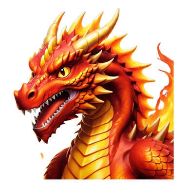 Cinematic Noble Fierce Fire Dragon Portrait Emoji, Poised and imposing, with a muscular, scaled body ablaze in fiery hues of crimson, molten orange, and molten gold, and intense, burning eyes that mirror the heart of a volcano; rendered with lifelike texture and dynamic natural highlights, high shine, formidable and intense, styled with an aura of scorching mythic power, focused and resolute, soft glowing outline, capturing the essence of a legendary inferno poised to ignite the screen with timeless ferocity! sticker
