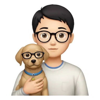 A Chinese black haired boy with black glasses holding one Labrador Retriever sticker